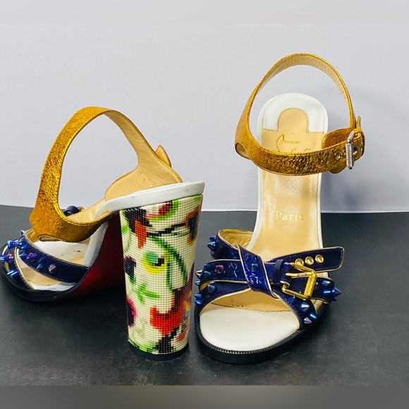 Metallic Gold & Blue Studded Women’s High Heel Sandals - Picture 4 of 16